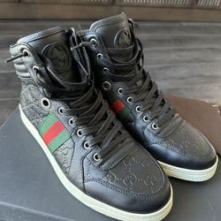 Gucci GG Monogram Black Leather Hi High Tops Trainers Sneakers Men's UK 7G US 7.5