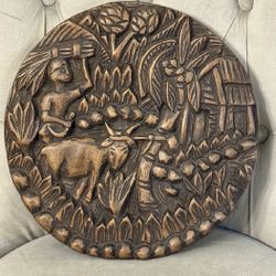 Vintage Carved Wooden Plaque Depicting a Rural Harvest Scene, Needs Hanging Hardware