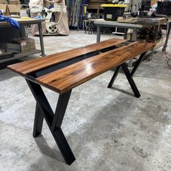 Epoxy River Desk Quebracho Wood & Steel X Legs