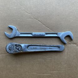 Snap-on FV-71M 3/8” Drive Ratchet Socket Wrench + VS-5222 SAE 4 Way Open End Angle Head Chrome Wrench Vintage Hard To Find 
