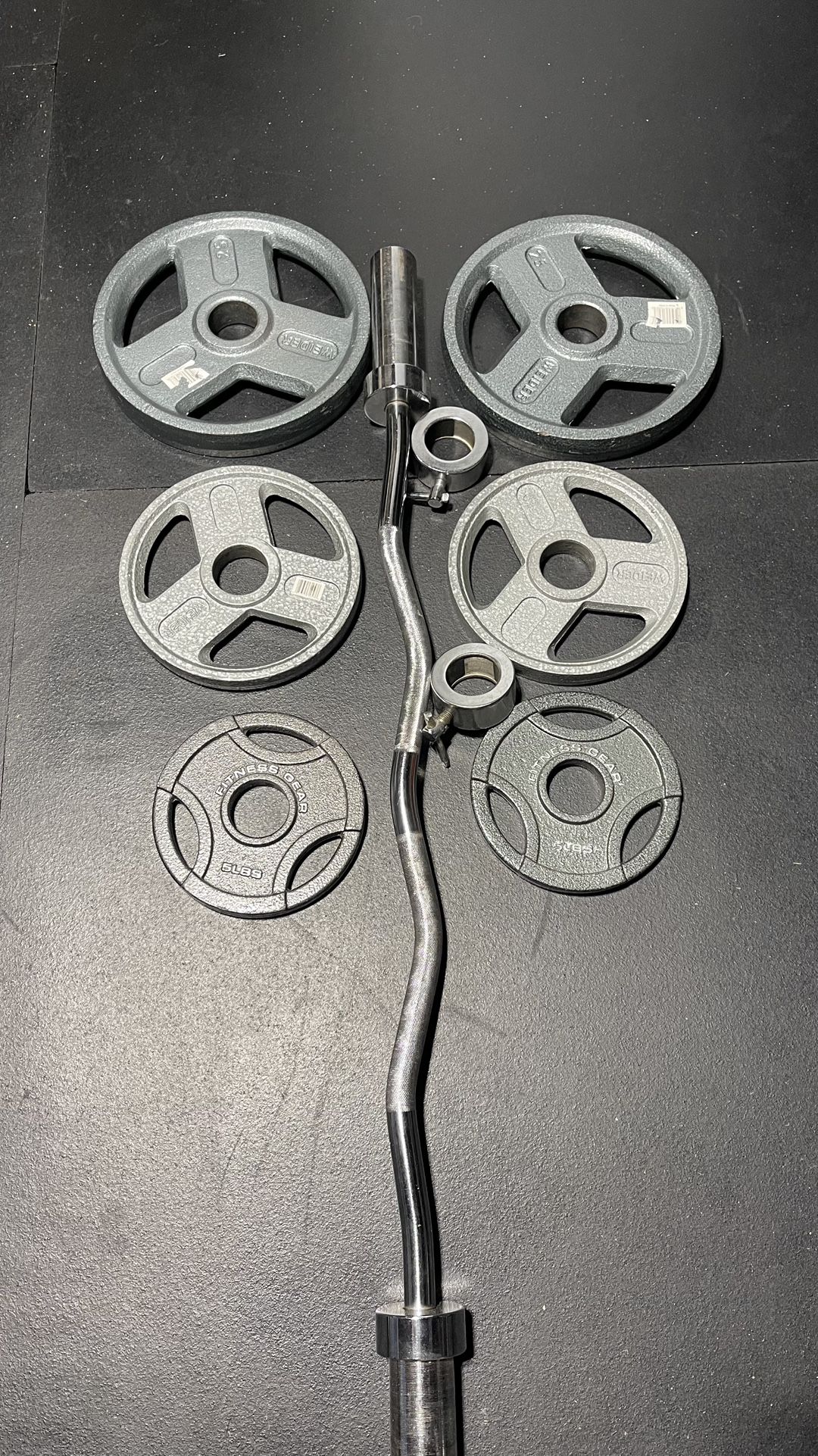 OLYMPIC CURLBAR AND WEIGHTS 