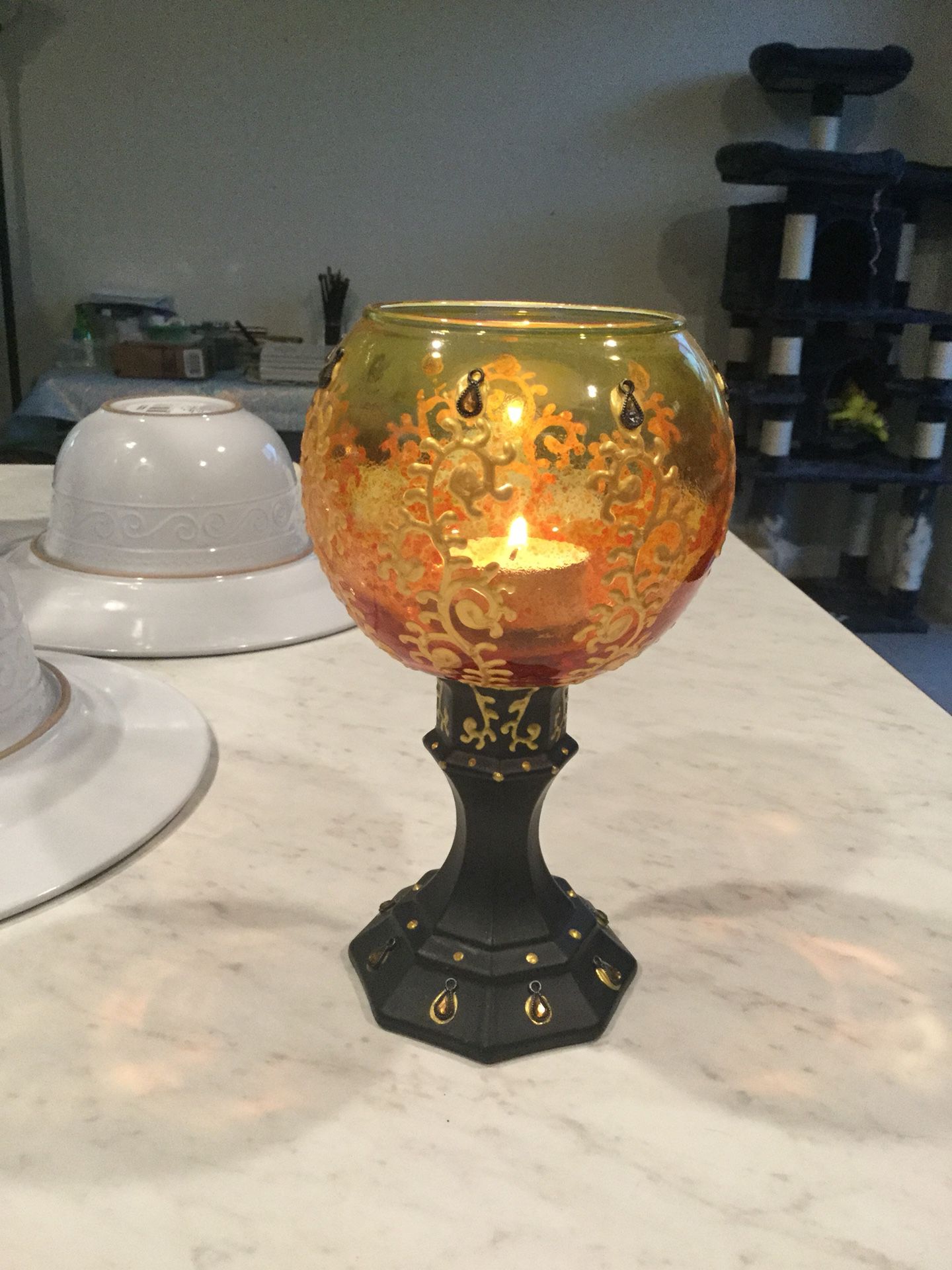 Hand Made and Hand Painted Medium Size Yellow Orange Gold Black Moroccan Style Tea Light Candle Holder