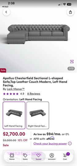 *NEW* genuine leather sectional. Slight defect between the chase and sofa part. From WAYFAIR.