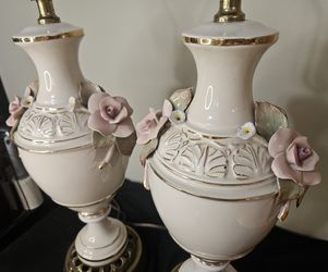 Rare Pair of Vintage Pink Applied Rose Porcelain Table Lamps - Capodimonte / MCM - Berger Swivel Harp Lamp