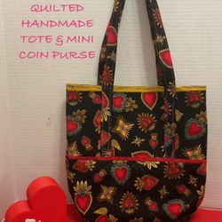 LITTLE QUEEN OF HEARTS BROOCHES QUILTED HANDMADE TOTE AND MINI COIN PURSE 