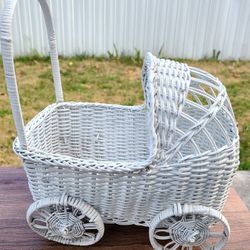 White Wicker Baby Carriage - Baby Shower Centerpiece (Only One Left)