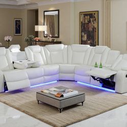 Power Reclining Sectional Sofa Set, Creamy White Leather, 2 Recliner for Living Room, with LED Light, Cup Holder, Storage Console