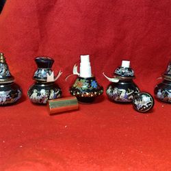 Vintage 3.5 Inch Set Of 5 3 Refillable Sprays, 2 Oil/Cream 24k gold Ceramic Vase Collectibles