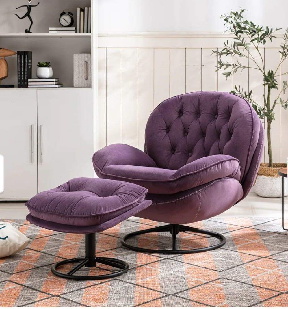 Velvet Fabric Upholstered Armless Swivel Accent Chair with Ottoman Purple, open box F-2