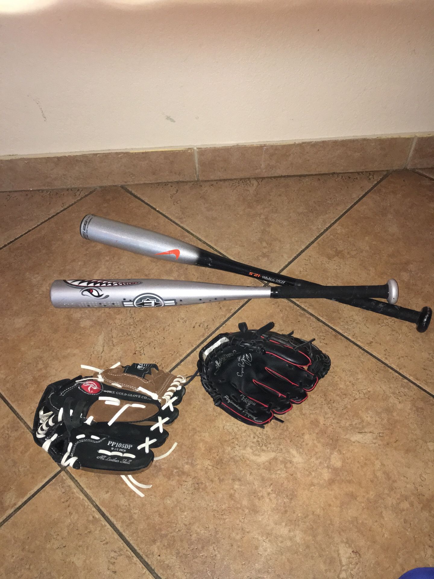 Baseball gloves & bat
