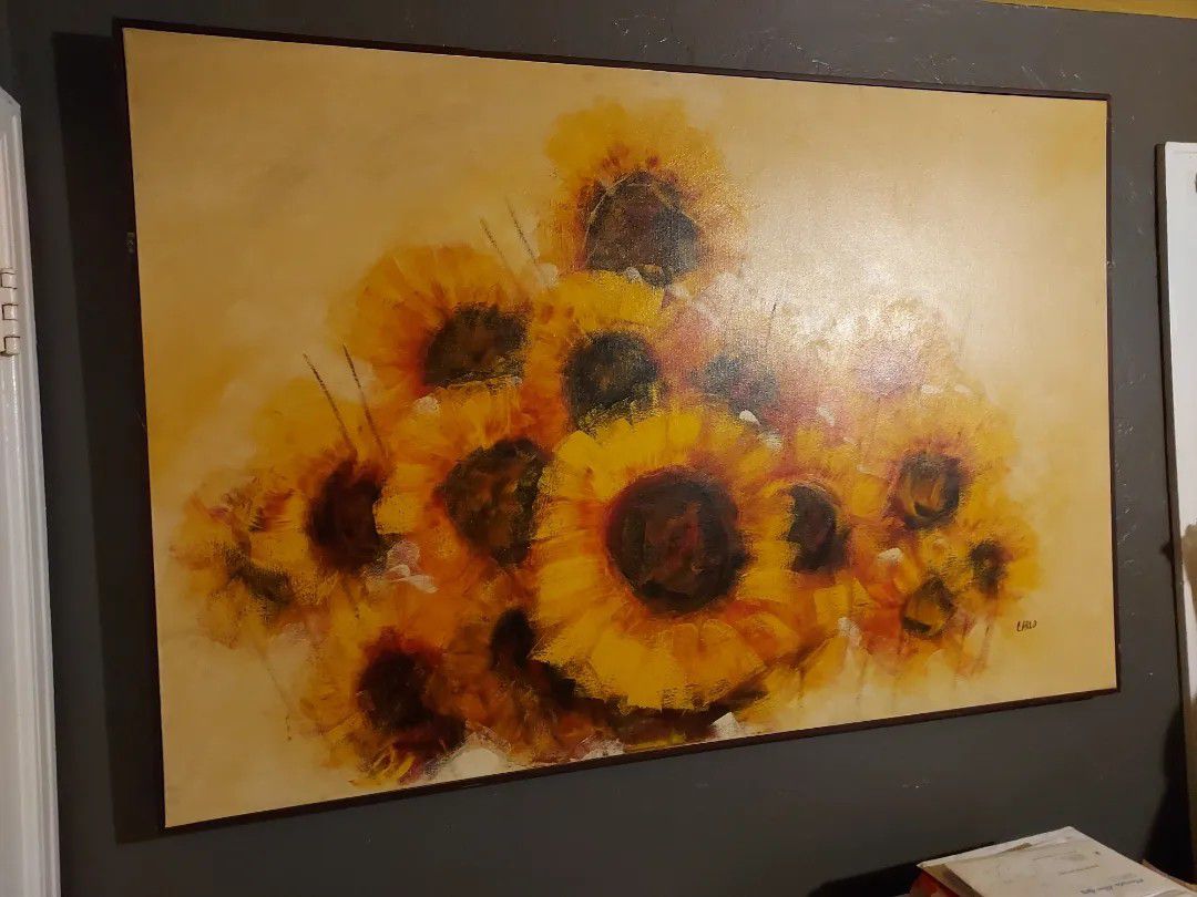 Vintage Oversized Sunflower Oil On Canvas Art by Carlo.  60 x 40