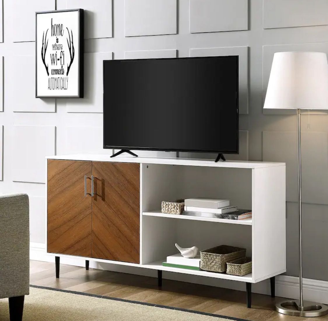 New Transitional Mid Century Modern Two-Tone Storage Console, TV Stand, Sideboard