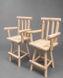 Newly Assembled Unfinished Wood Construction Outdoor Barstool Log Cabin Style Bar Height Stool