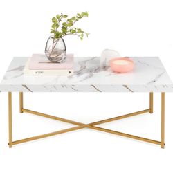 Best Choice Products 44in Rectangular Marble Coffee Table, X-Base Accent Table for Living Room, Dining Room, Home Décor w/Faux Marble Top - White/Bron