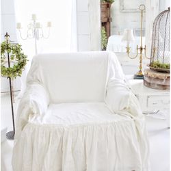 Ruffled Shabby Chic Farmhouse French Country Cottage White Chair Slip Cover