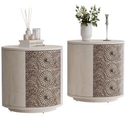 Round Light Gray 3-Drawer Nightstand,MDF Vintage Storage Cabinet for Bedroom, Living Room