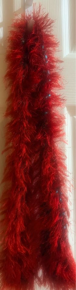 Knit Red Eyelash Yarn Scarf With Beaded Detailing Lightweight & Soft
