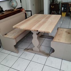 Table, Kitchen Table & 2 Benches, Solid Wood 