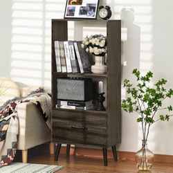 Open Bookshelf, 3 Tier Black Mid Century Modern Book Shelf with Drawers and Legs, Wood Bookcase with Storage Organizer Shelves for Bedroom, Living Roo