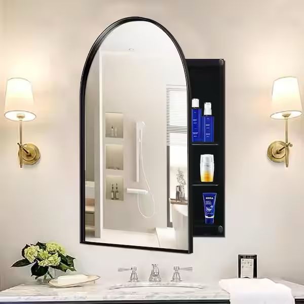 ONSALE!! 36” X 24” Black 24 in. W x 36 in. H Arched Metal Framed Recessed Medicine Cabinet with Mirror