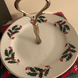 Vintage Bridgeford Porcelain- Silver plate Holiday Server