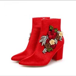 (Size 8) Red Appliqué Embellished Bootie