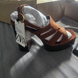 Zara Brown Leather Platform Heels