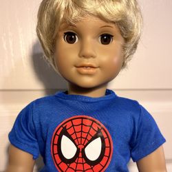 Custom-Made American Girl Doll Boy Blonde Hair Brown Eyes Outfit Spider-Man Gift