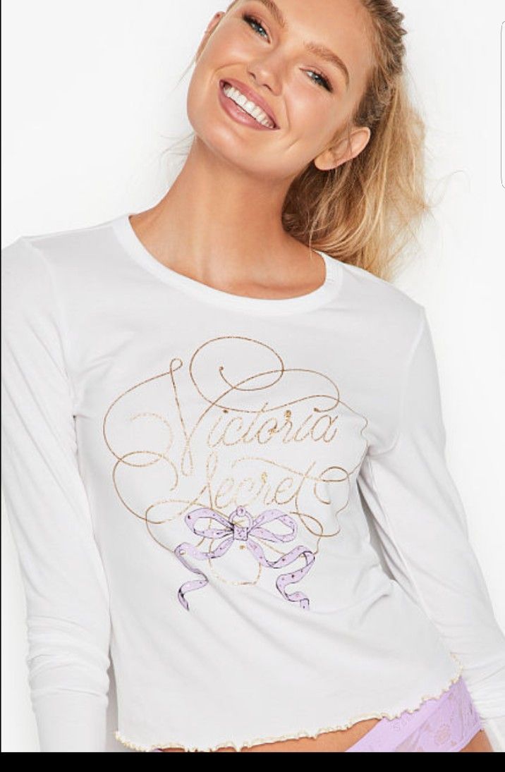 New Victoria Secret Hearts Graphic Long Sleeve Top Size Large 