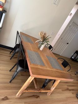 Wood Dining Table with 4 Black Metal Chairs