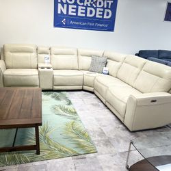 Cream Leather Dual Power Recliner Sectional With Usb Port