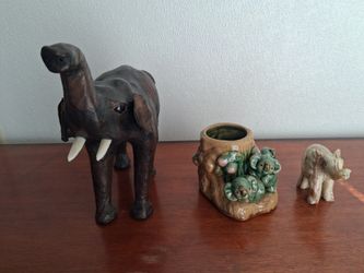 Elephant Figurine and Elephant Ceramic Vase Set