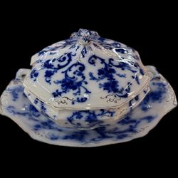 Rare 1800s Antique Flow Blue Lidded Tureen Ridgways Gainsborough England Floral with under Plate 