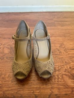 Tan Suede Peep-Toe Wedge Heels Size 6