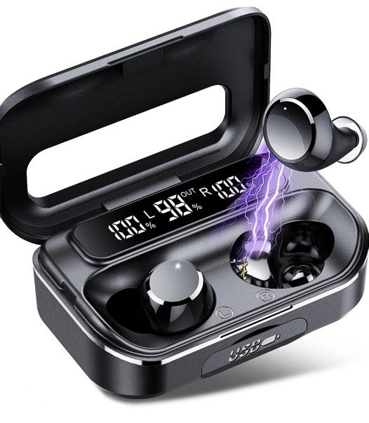 Bluetooth 5.1 Headphones, Bootch Wireless Earbuds with Dual Mic Clear Call, 100H Playtime with Digital LED Display, IPX7 Waterproof Earphones, Deep 