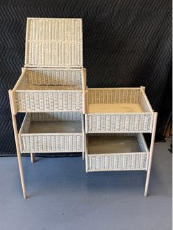 Vintage Shabby Chic Expandable Wicker & Wood Cabinet w/Hidden Lift-Top Storage