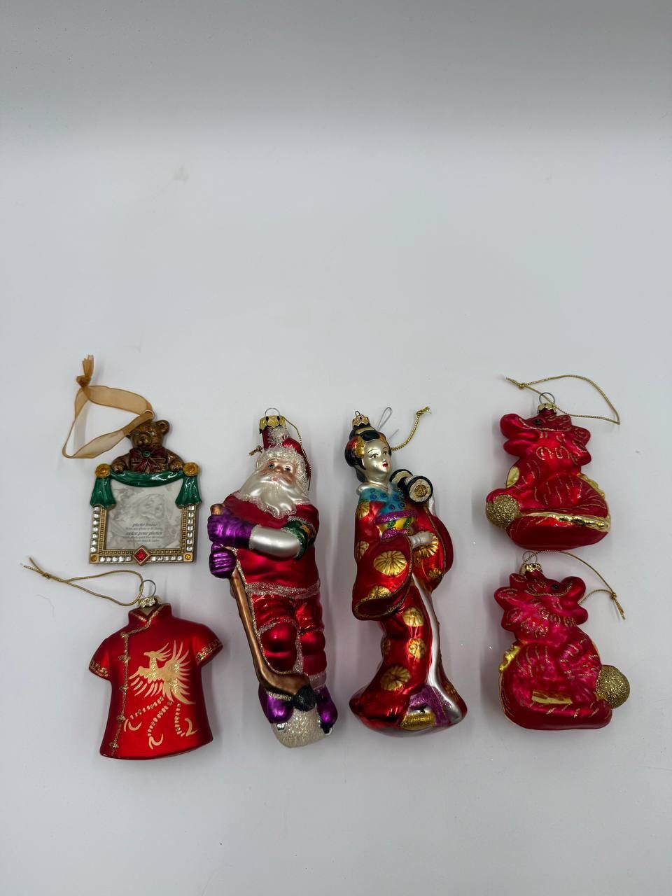 Lot Of6 Christmas/chinese New Year Ornaments: Dragon, Santa, Geisha, Photo Frame