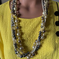 Vtg. Multi-strand Layered Necklace Faux Pearls, Metallic and Acrylic Beads 32” long