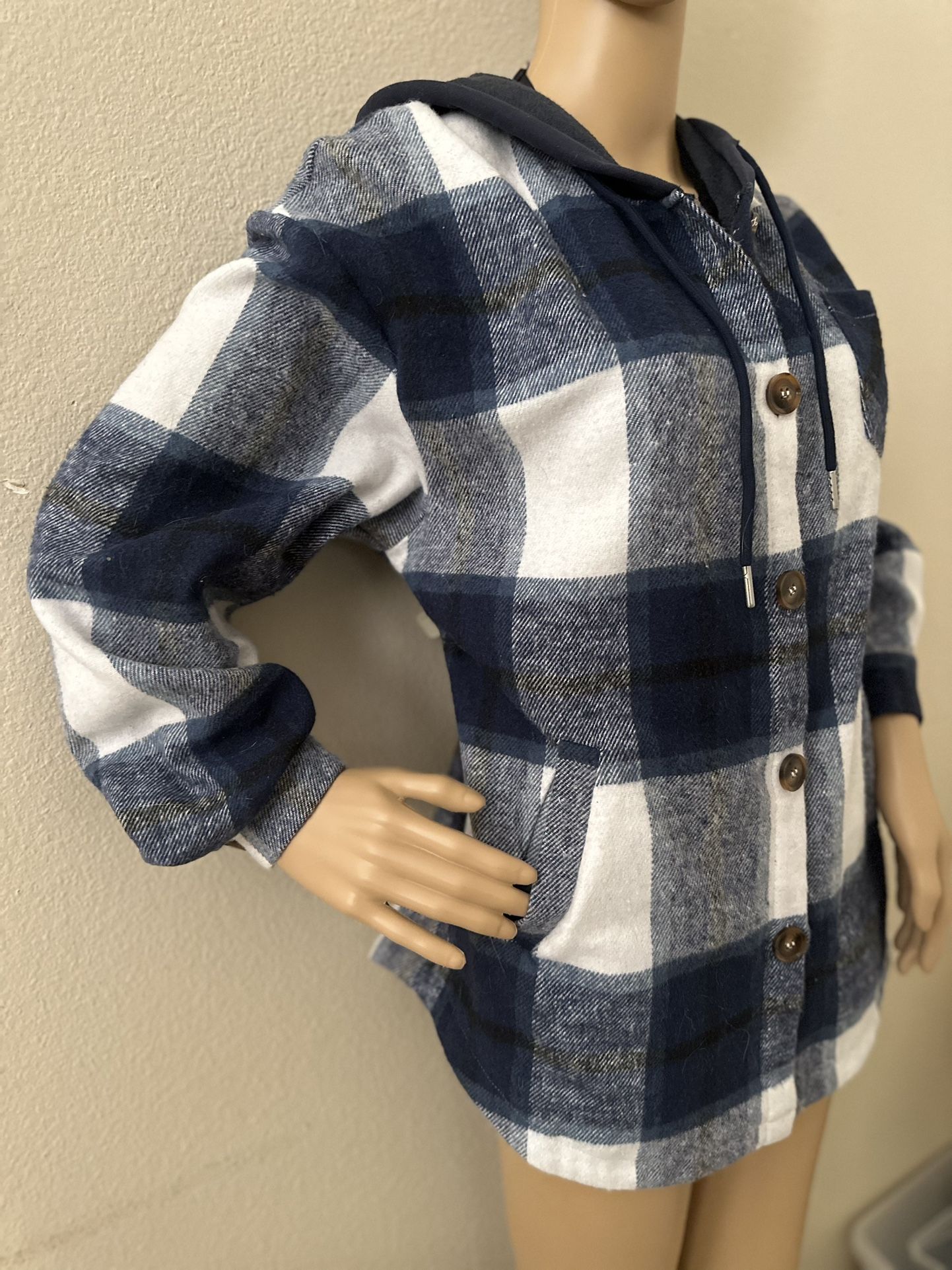 Button Down Hooded Shacket Jacket Blue White Plaid 