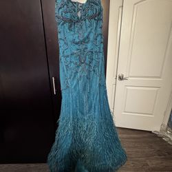 Teal Green Beaded Terani Couture Gown With Feathers 