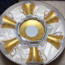 Yedi- Fine Porcelain Demitasse Cup & Saucer Set in Box Gold Art Deco Peacock Feathers.