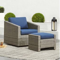 Cyril Grey Fabric 360° Swivel Wicker Accent Chair with Blue Cushions for Living Room or Backyard for Outdoor & Indoor