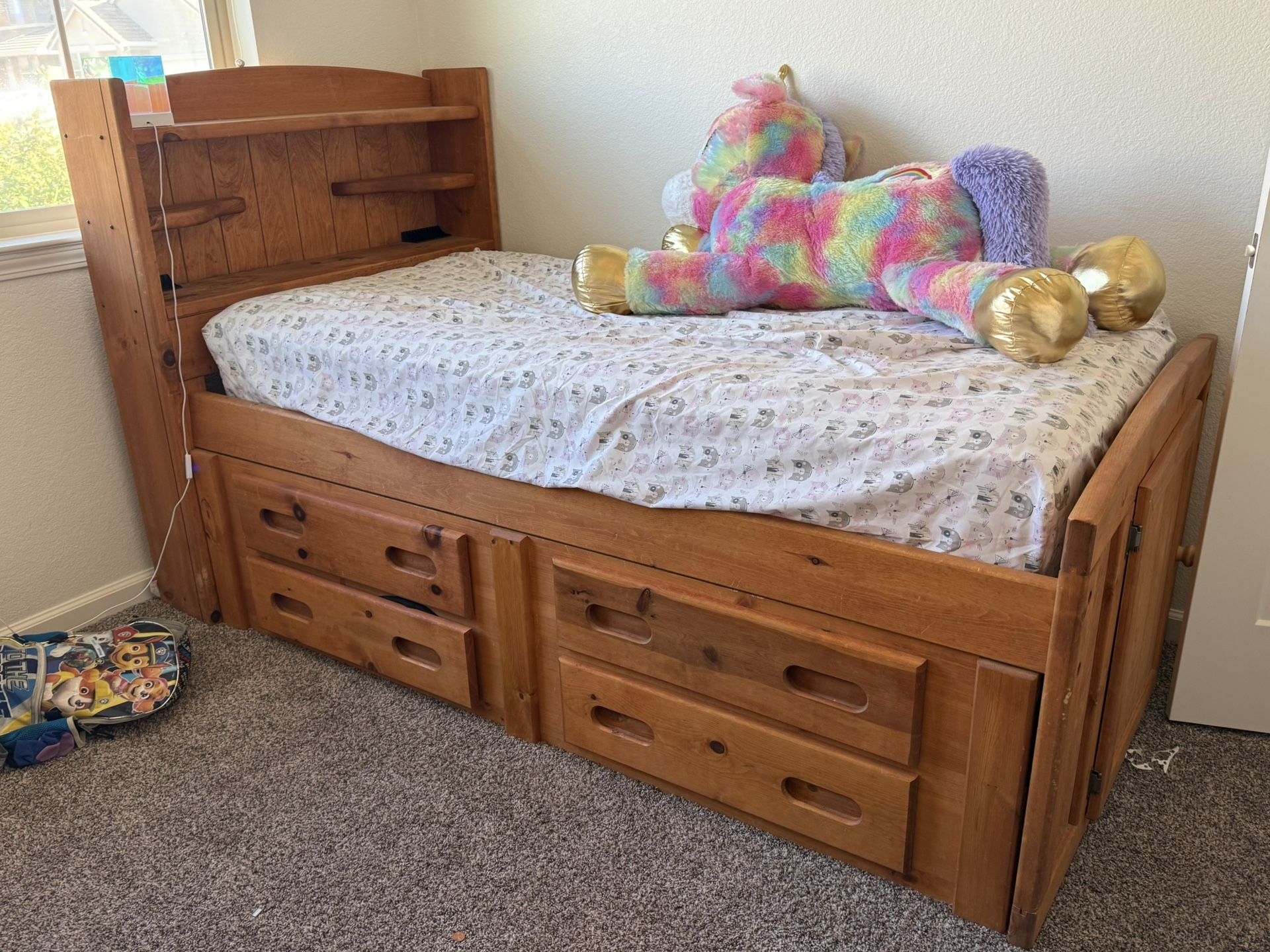 Bedroom Set - Twin Captains Bed, 4 Drawer Tall Dresser, Desk w/ Chair
