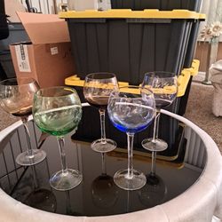 Set Of 5 Etched  Wine Glasses