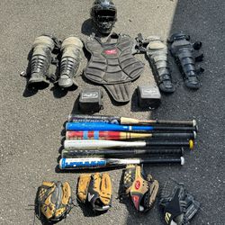 Baseball Equipment Lot Full Catchers Gear Baseball Bats And Gloves