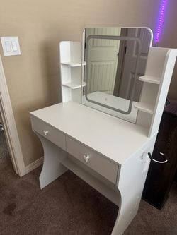 White Vanity Desk with LED Mirror and Shelves