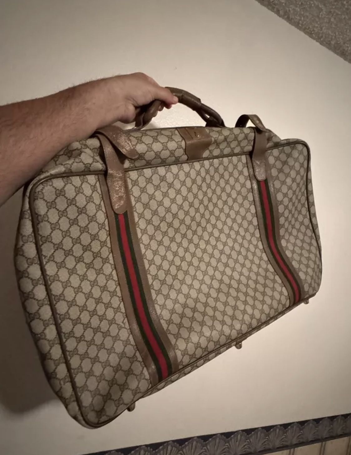 Vintage Gucci Sherry Line leather canvas Suitcase 24inx15x5 authentic