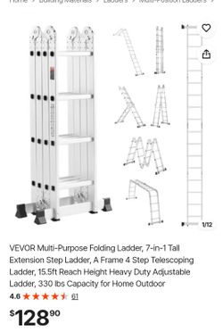 VEVOR Multi-Purpose Folding Ladder, 7-in-1 Tall Extension Step Ladder, A Frame 4 Step Telescoping Ladder, 15.5ft Reach Height Heavy Duty Adjustable La