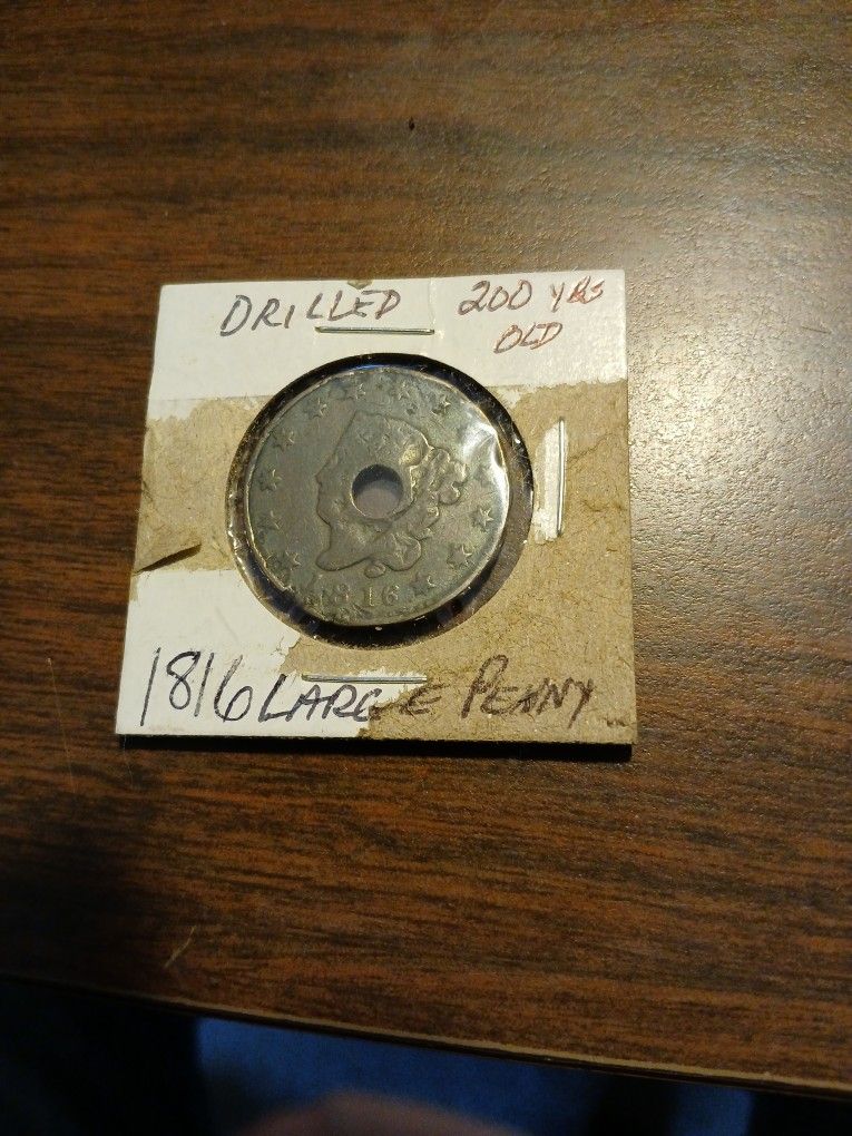 1816 Large Copper Cent Coin Center Drilled