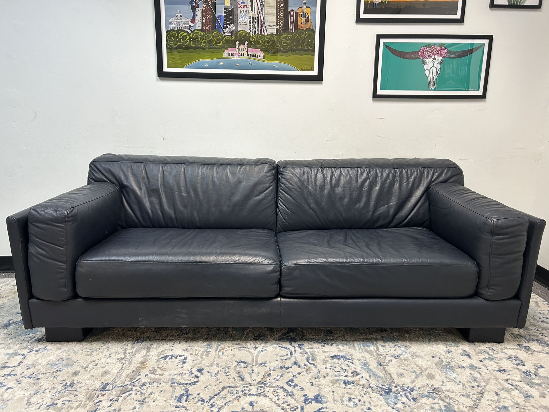 Contemporary Midnight Blue Leather Sofa